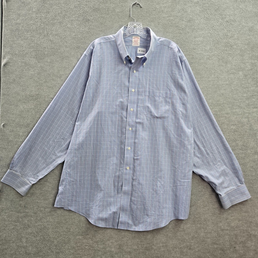 Brooks Brothers Men Button Up Shirt 17.5 Blue Plaid Classic Pocket Long Sleeve